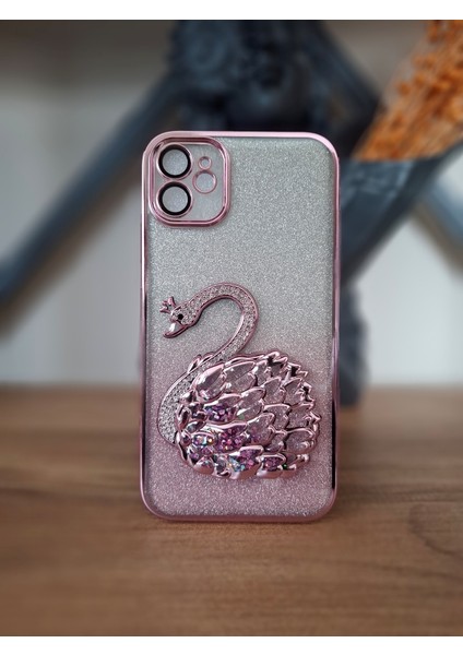 iPhone 11 Kuğulu Taşlı Tam Kamera Korumalı Sulu Simli 3D Kılıf