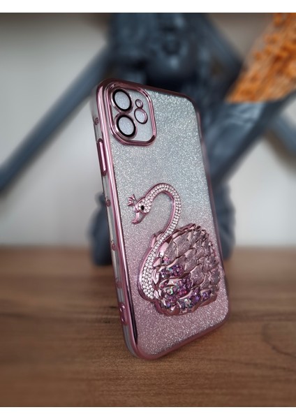 iPhone 11 Kuğulu Taşlı Tam Kamera Korumalı Sulu Simli 3D Kılıf
