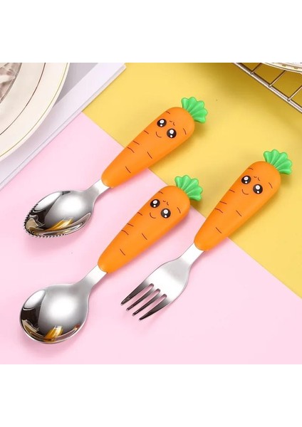 Sofra Seti Paslanmaz Çelik Karikatür Havuç Kaşık Çatal Spatula Çocuk Yemeyi Öğreniyor (Yurt Dışından) fiyatları