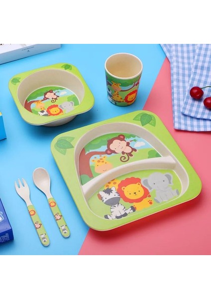 Imebaby 5 Parçalı Bambu Sofra Takımı, Bambu Kase, Bebek Besleme Tabağı, Yaratıcı Karikatür Çocuk Kasesi/bardağı, Çatal ve Kaşık Hediye Seti (Yurt Dışından)