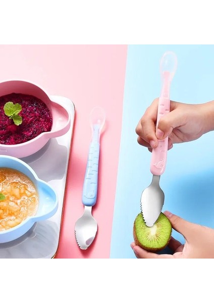 Beslemek Için Meyve Kazıyıcı Kaşık Yiyen Bebekler ve Küçük Çocuklar Için Bebek Çift Başlı Paslanmaz Çelik Çocuk Sofra Takımı (Yurt Dışından) modelleri