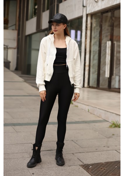 Sweatshirt Ekru Kadın Fermuarlı Kapüşonlu Özel Tasarım