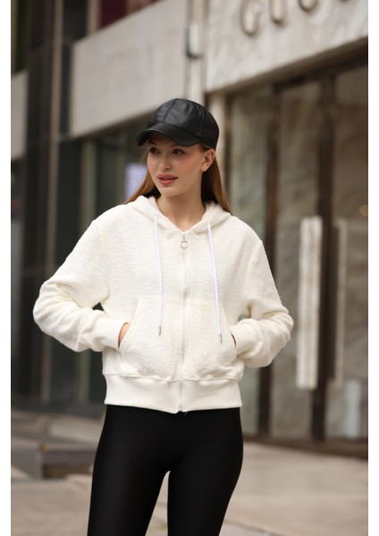 Sweatshirt Ekru Kadın Fermuarlı Kapüşonlu Özel Tasarım modelleri
