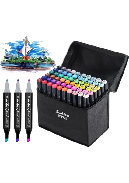 60 Lı Çift Taraflı Marker Keçeli Kalem Seti 60 Renk Marker Resim Mimari ve Grafik Tasarım Kalemi