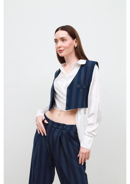 Kalın Çizgili Yelekli Takım Mavi - M fiyatları