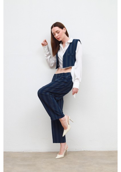 Kalın Çizgili Yelekli Takım Mavi - M indirimleri