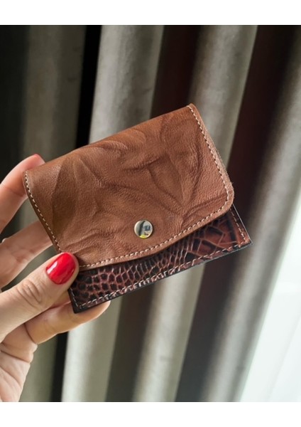 Pinkylola Design- Tiptic Model Antik Kahverengi & Kroko Baskılı Hakiki Deri Kartlık& Cüzdan