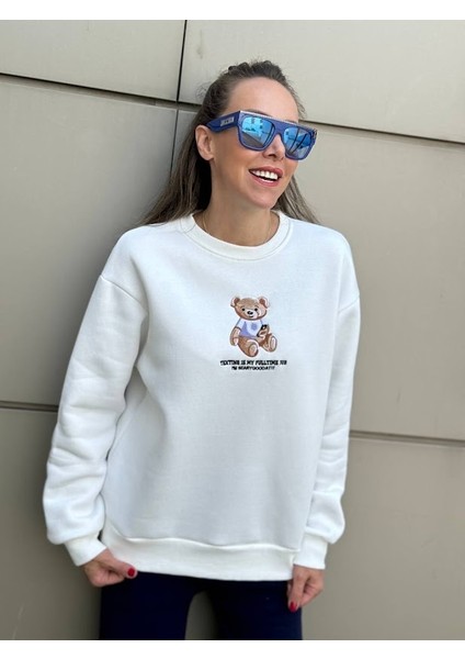 Tedy Işlemeli Ekru Sweatshirt