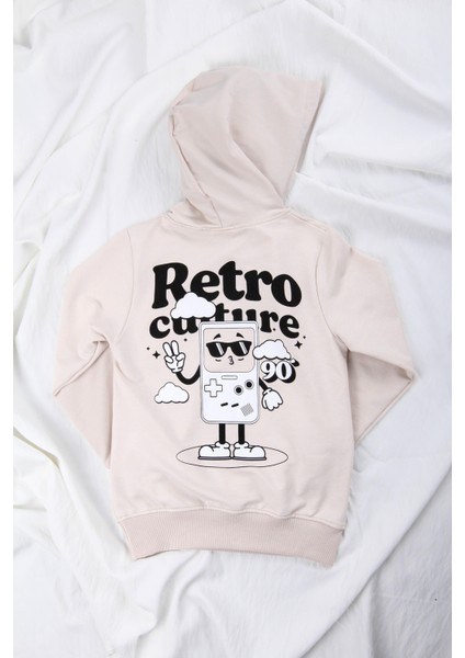 Rahat Kesim Kapüşonlu Retro Culture Baskılı Sweatshirt Taş