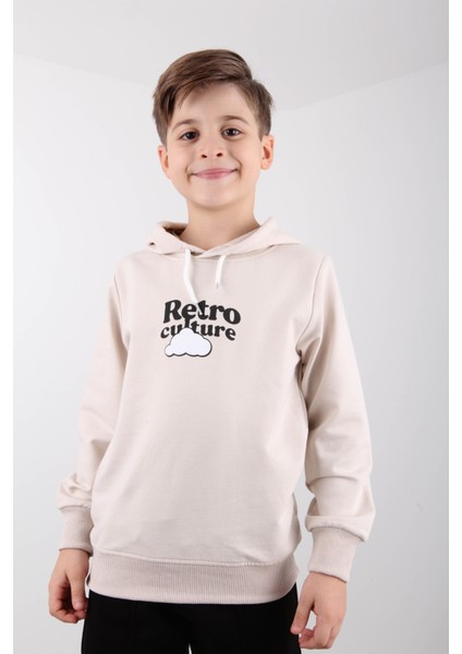 Rahat Kesim Kapüşonlu Retro Culture Baskılı Sweatshirt Taş