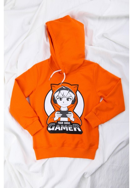 Rahat Kesim Kapüşonlu Gamer Baskılı Sweatshirt Turuncu