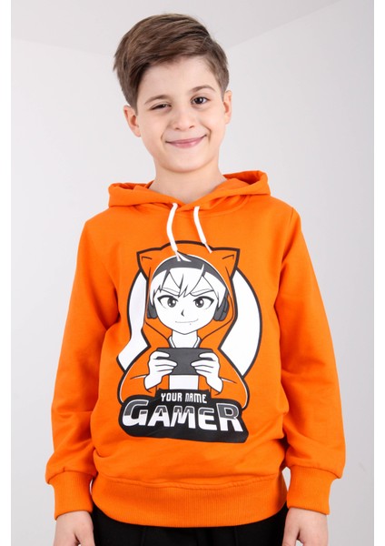 Rahat Kesim Kapüşonlu Gamer Baskılı Sweatshirt Turuncu modelleri
