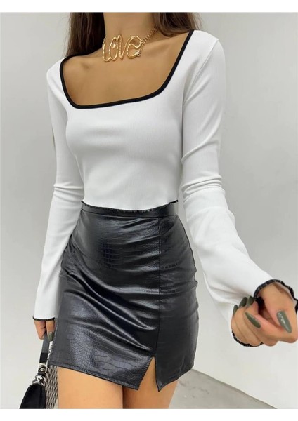 Kadın Kare Yaka Uzun Kollu Biyeli Crop Bluz