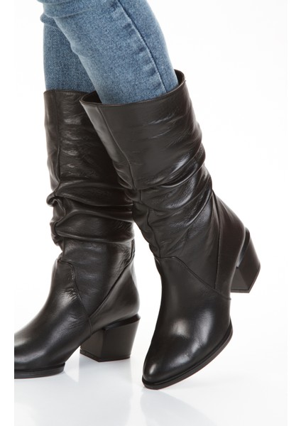 Deri Körüklü Büzgülü Alçaktopuk Kadın Çizme modelleri