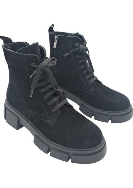 Aayak&kabimofficial Gerçek Deri Siyah Süet Bağcıklı ve Fermuarlı Kadın Bot