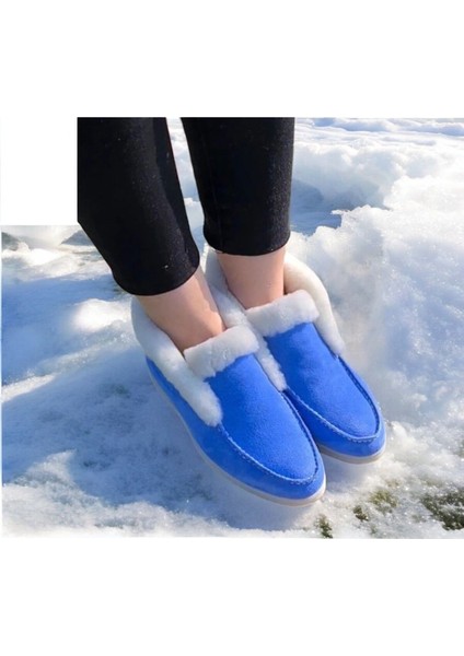 Aayak&kabimofficial Gerçek Deri Mavi Süet ve Beyaz Kürk Günlük Kadın Bot