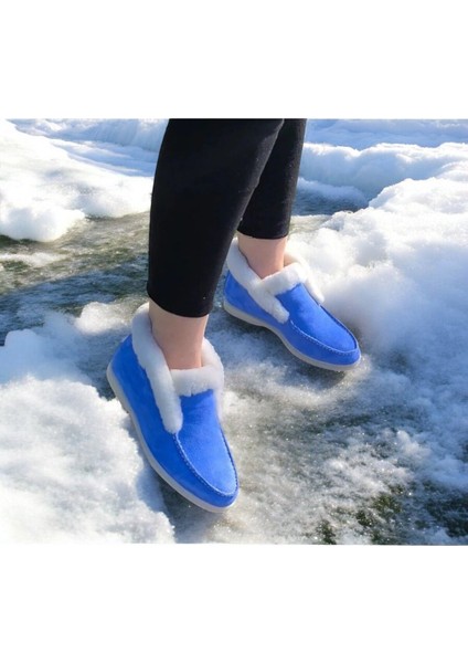 Aayak&kabimofficial Gerçek Deri Mavi Süet ve Beyaz Kürk Günlük Kadın Bot fırsatları