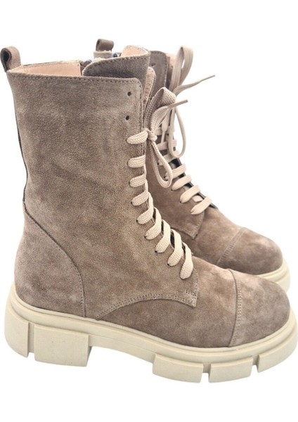Aayak&kabimofficial Hakiki Deri Bej Süet Bağcıklı ve Fermuarlı Kadın Bot