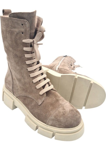 Aayak&kabimofficial Hakiki Deri Bej Süet Bağcıklı ve Fermuarlı Kadın Bot fiyatları