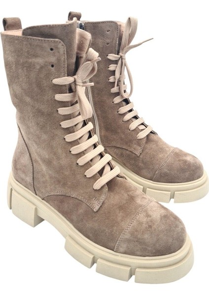 Aayak&kabimofficial Hakiki Deri Bej Süet Bağcıklı ve Fermuarlı Kadın Bot modelleri
