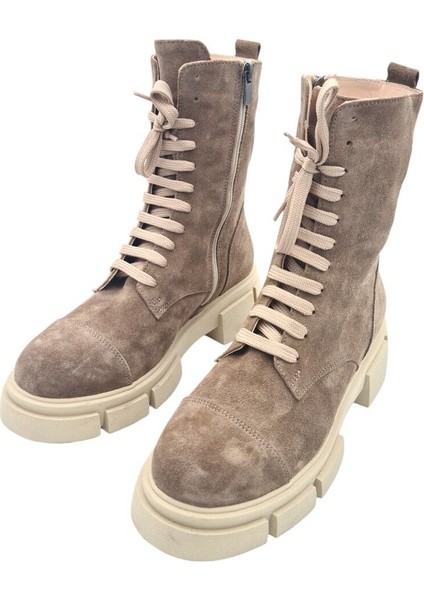 Aayak&kabimofficial Hakiki Deri Bej Süet Bağcıklı ve Fermuarlı Kadın Bot fırsatları