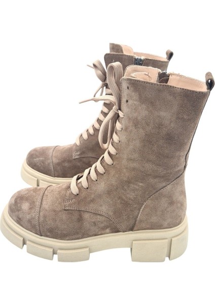 Aayak&kabimofficial Hakiki Deri Bej Süet Bağcıklı ve Fermuarlı Kadın Bot indirimleri