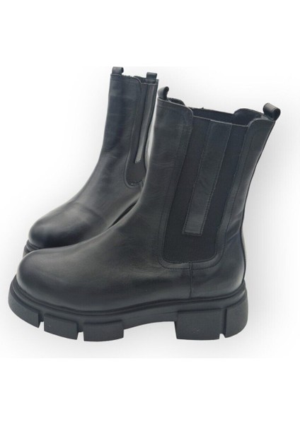 Aayak&kabimofficial Hakiki Deri Siyah Kadın Tırtıklı Tabanlı Içi Kürklü Chelsea Bot