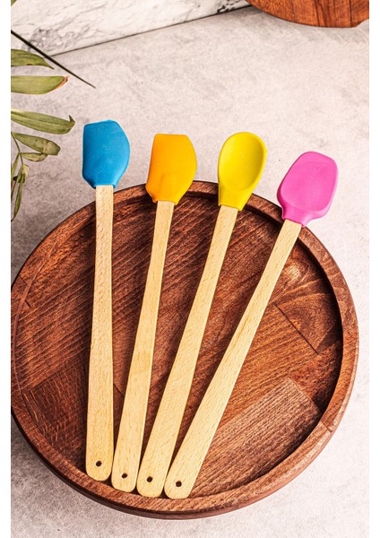 4\'lü Yanmaz Yapışmaz Renkli Silikon Başlıklı Ahşap Spatula Seti