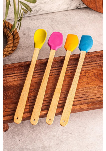 4\'lü Yanmaz Yapışmaz Renkli Silikon Başlıklı Ahşap Spatula Seti modelleri