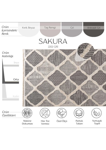 Sakura 2202 Gri Hav Toz Vermez Etnik Desenli Modern Dokuma Bukleli Salon Halısı