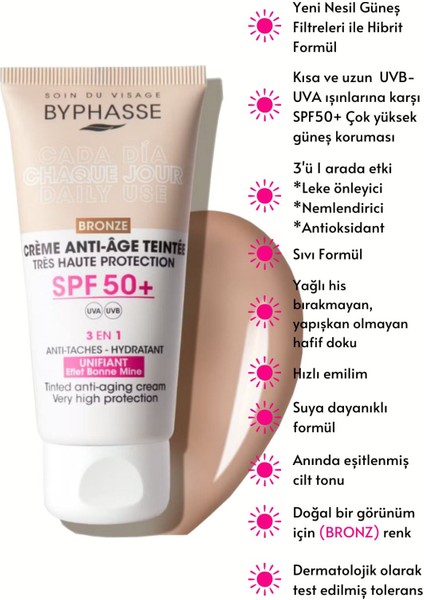 Anti-Aging Renkli Sıvı Güneş Kremi Bronz Renk- Yeni Nesil Güneş Filtreli Hibrit Formül 50 ml