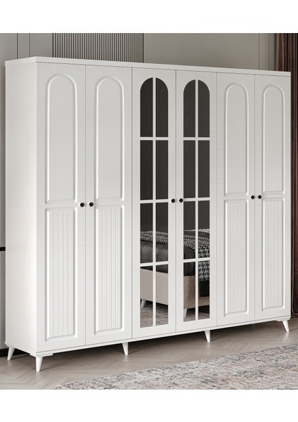 Ücretsiz Montaj - %100 MDF Roma 6 Kapaklı Beyaz Aynalı Gardırop - MDF Dolap - Elbise Dolabı