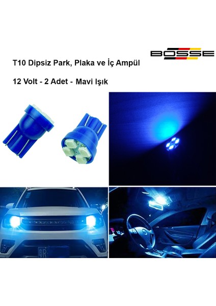 Park Ampülü Plaka ve Iç Tavan Ampul T10 Dipsiz Mavi 12 Volt Bosse Forza Serisi 2li