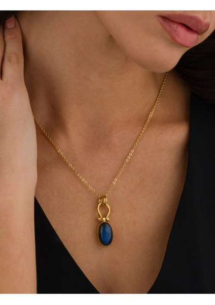 14 K Gold Kaplama 925 Ayar Gümüş El Işi Doğal Labradorit Kolye
