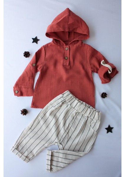 Pio Kids %100 Pamuk Keten Müslin Katlanabilir Kollu Kapüşonlu Jogger Alt 6-24 Ay Erkek Bebek Çocuk Takım