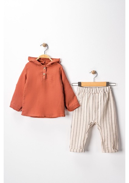 Pio Kids %100 Pamuk Keten Müslin Katlanabilir Kollu Kapüşonlu Jogger Alt 6-24 Ay Erkek Bebek Çocuk Takım fırsatları