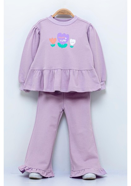 Kışlık Pamuklu Çiçek Desenli Sweatshirt Eşofman Alt-Üst Takım Kız Çocuk