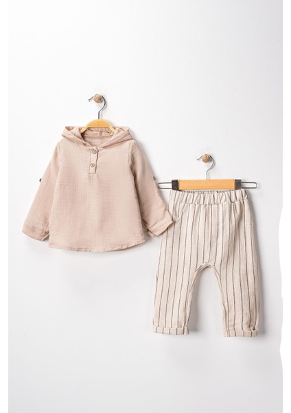 Pio Kids %100 Pamuk Keten Müslin Katlanabilir Kollu Kapüşonlu Jogger Alt 6-24 Ay Erkek Bebek Çocuk Takım fırsatları