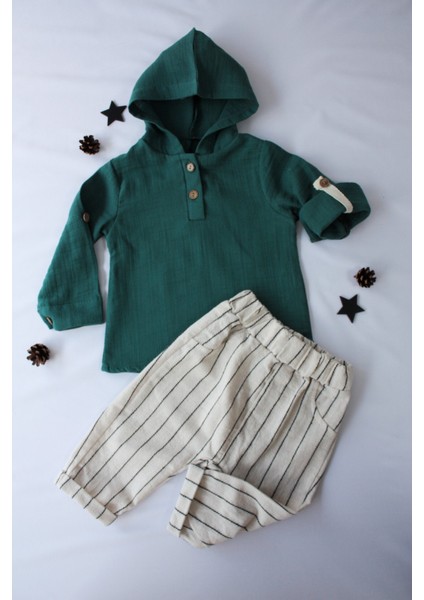 Pio Kids %100 Pamuk Keten Müslin Katlanabilir Kollu Kapüşonlu Jogger Alt 6-24 Ay Erkek Bebek Çocuk Takım