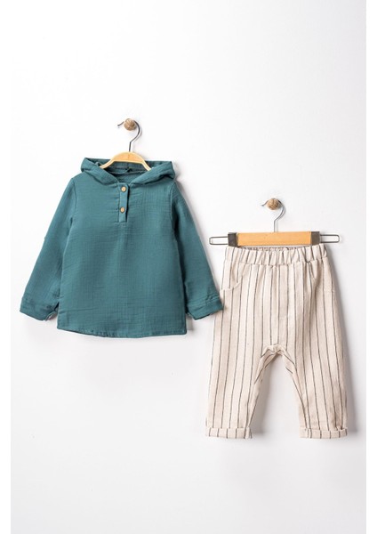 Pio Kids %100 Pamuk Keten Müslin Katlanabilir Kollu Kapüşonlu Jogger Alt 6-24 Ay Erkek Bebek Çocuk Takım fırsatları