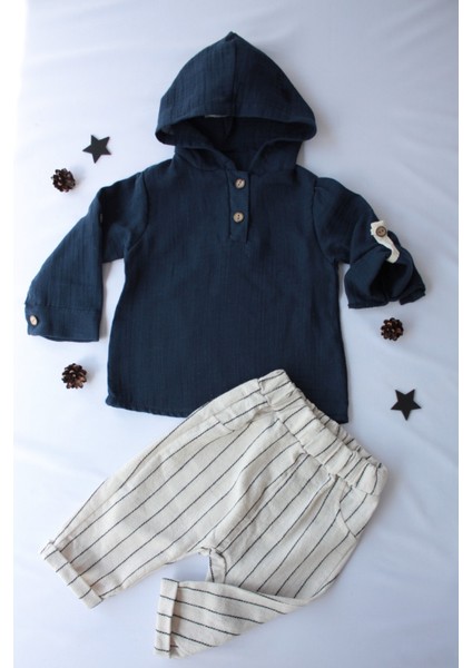 Pio Kids %100 Pamuk Keten Müslin Katlanabilir Kollu Kapüşonlu Jogger Alt 6-24 Ay Erkek Bebek Çocuk Takım