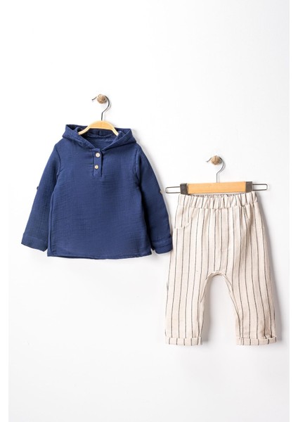 Pio Kids %100 Pamuk Keten Müslin Katlanabilir Kollu Kapüşonlu Jogger Alt 6-24 Ay Erkek Bebek Çocuk Takım fırsatları