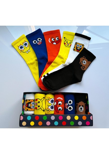 Socks And More Çizgifilm Karakterli ve Ayıcıklı 6'lı Çorap Kutusu Unisex Renkli