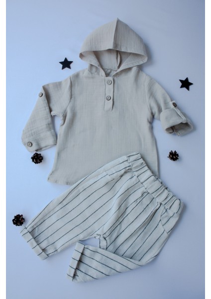 Pio Kids %100 Pamuk Keten Müslin Katlanabilir Kollu Kapüşonlu Jogger Alt 6-24 Ay Erkek Bebek Çocuk Takım