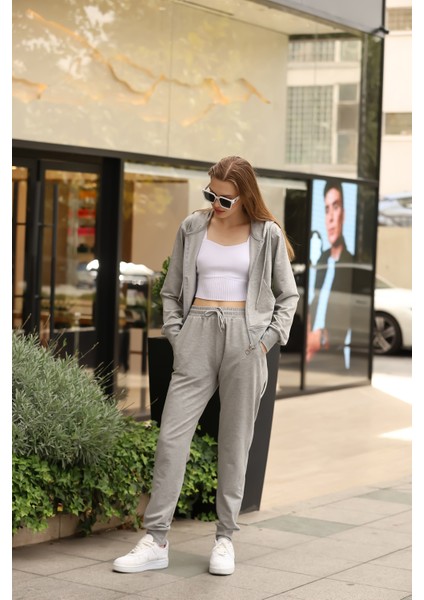 Sweatshirt Kadın Gri Kapüşonlu Tam Fermuarlı Özel Tasarım Takım