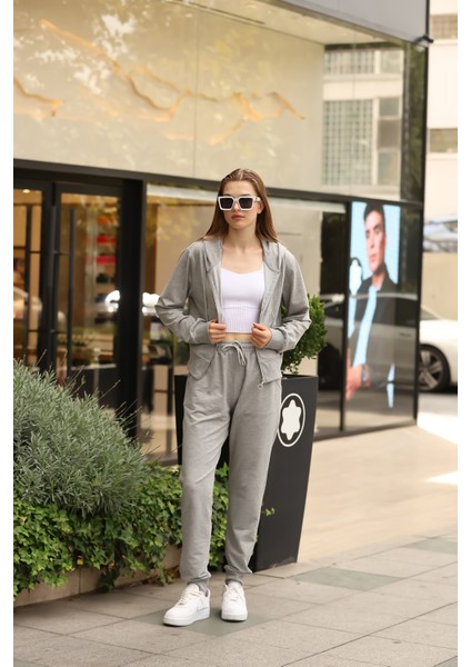 Sweatshirt Kadın Gri Kapüşonlu Tam Fermuarlı Özel Tasarım Takım fiyatları