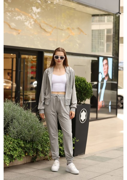 Sweatshirt Kadın Gri Kapüşonlu Tam Fermuarlı Özel Tasarım Takım modelleri