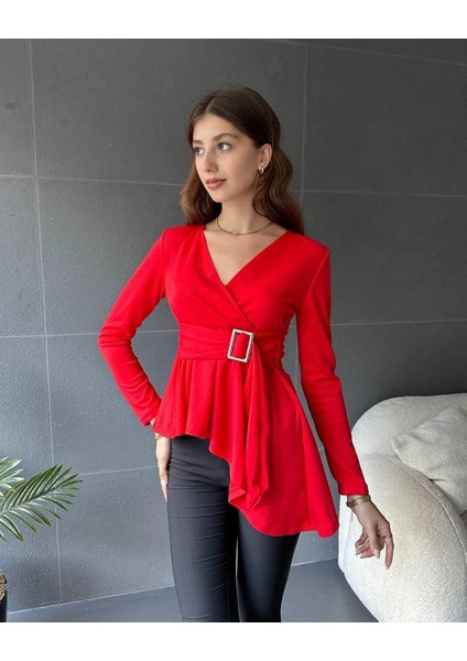 Kadın Kruvaze Yaka Kemer Detay Asimetrik Kesim Bluz fiyatları