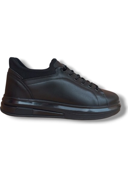 GR0226 Deri Mat Siyah Günlük Kalın Taban Sneaker Erkek Ayakkabı