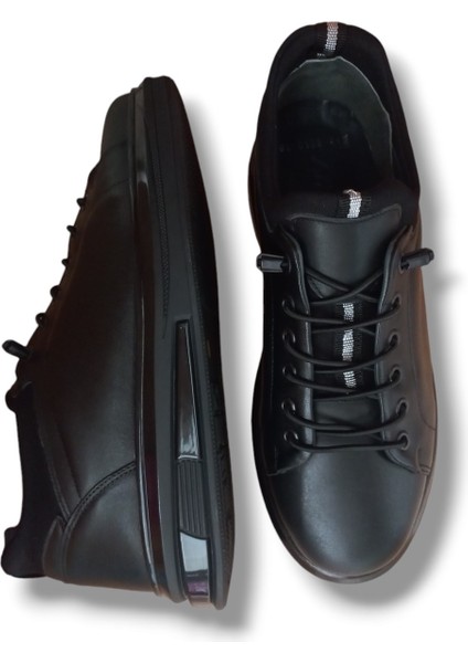 GR0226 Deri Mat Siyah Günlük Kalın Taban Sneaker Erkek Ayakkabı